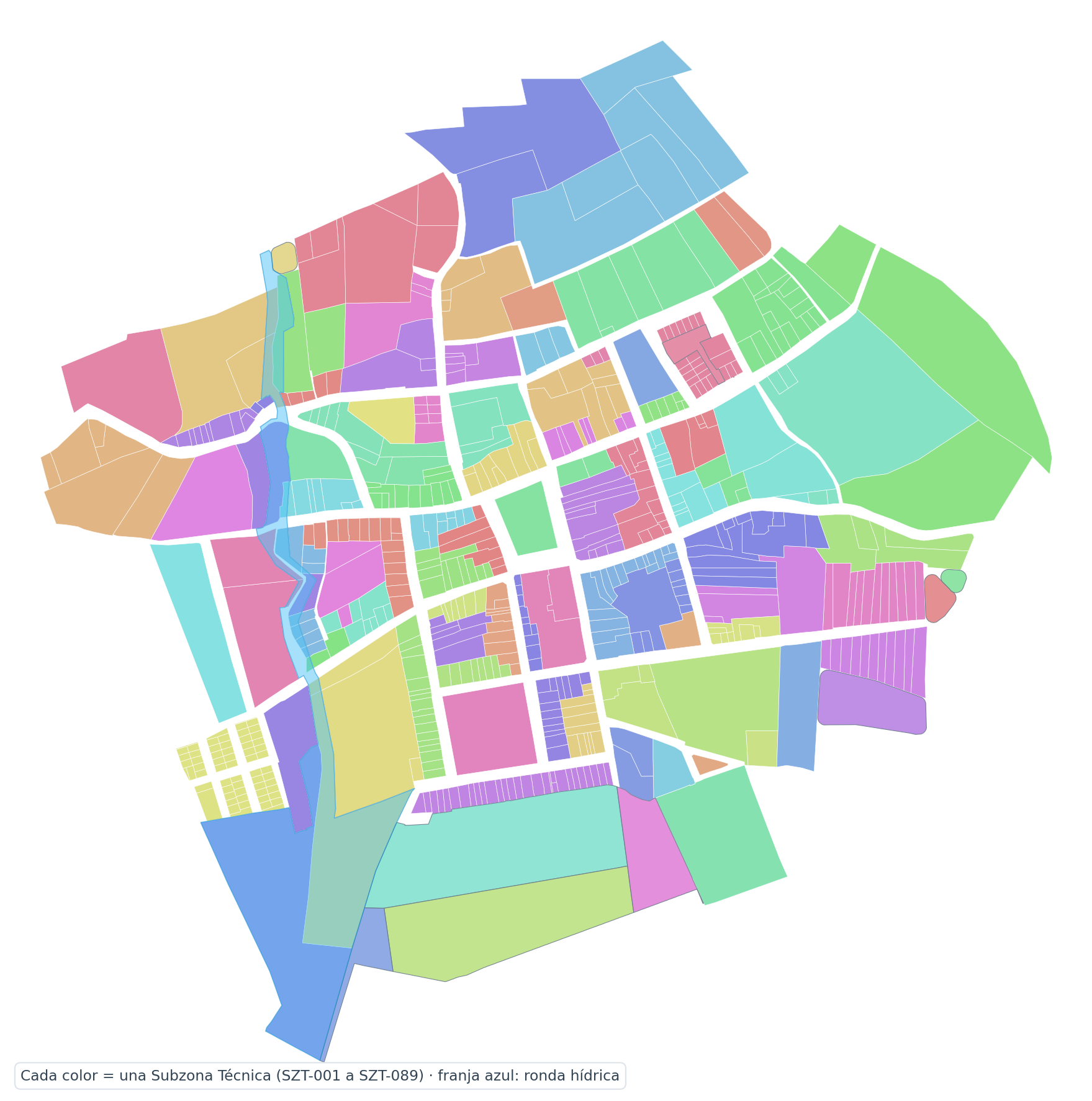 Mapa técnico de la cabecera urbana de Úmbita dividido en subzonas